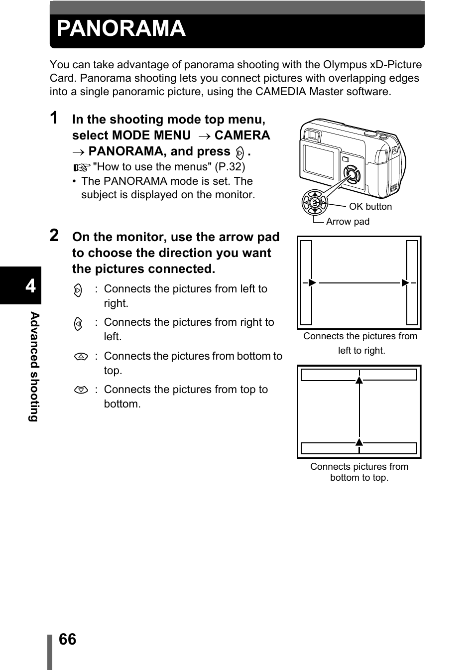 Panorama, P.66 | Olympus D-560 Zoom User Manual | Page 67 / 171