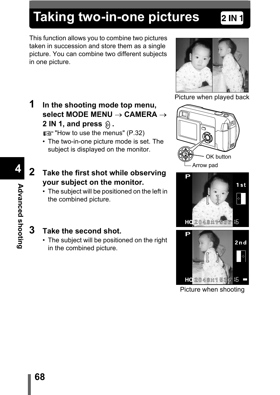 Taking two-in-one pictures, P.68 | Olympus D-560 Zoom User Manual | Page 69 / 171