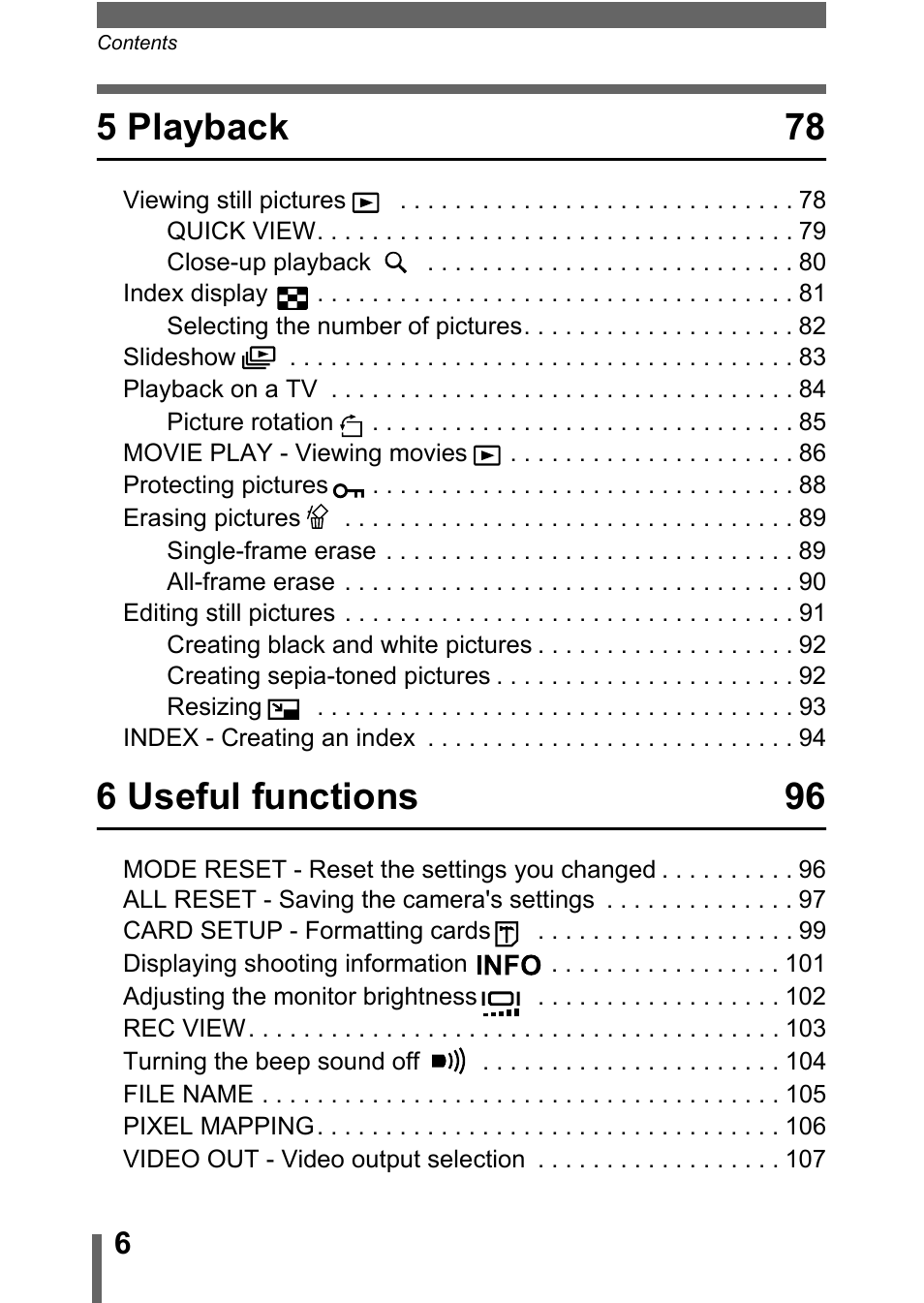 5 playback 78, 6 useful functions 96 | Olympus D-560 Zoom User Manual | Page 7 / 171