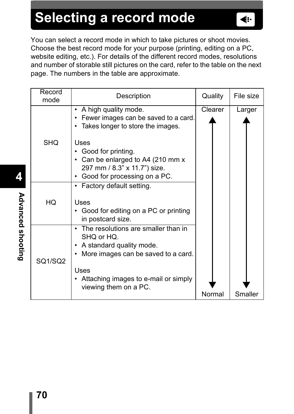 Selecting a record mode, P.70, Es (p.70) | Olympus D-560 Zoom User Manual | Page 71 / 171