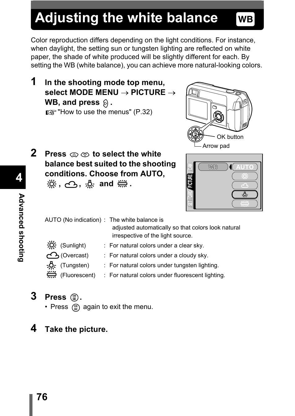 Adjusting the white balance, P.76 | Olympus D-560 Zoom User Manual | Page 77 / 171