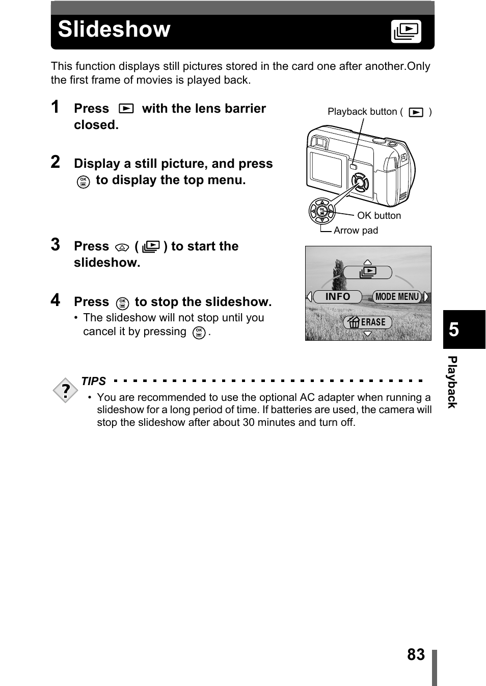 Slideshow, P.83 | Olympus D-560 Zoom User Manual | Page 84 / 171