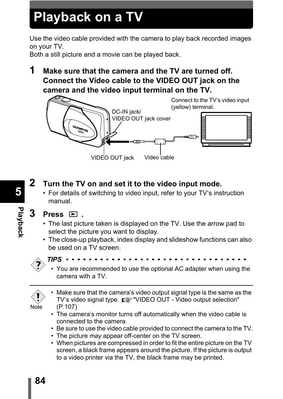 Playback on a tv, P.84 | Olympus D-560 Zoom User Manual | Page 85 / 171