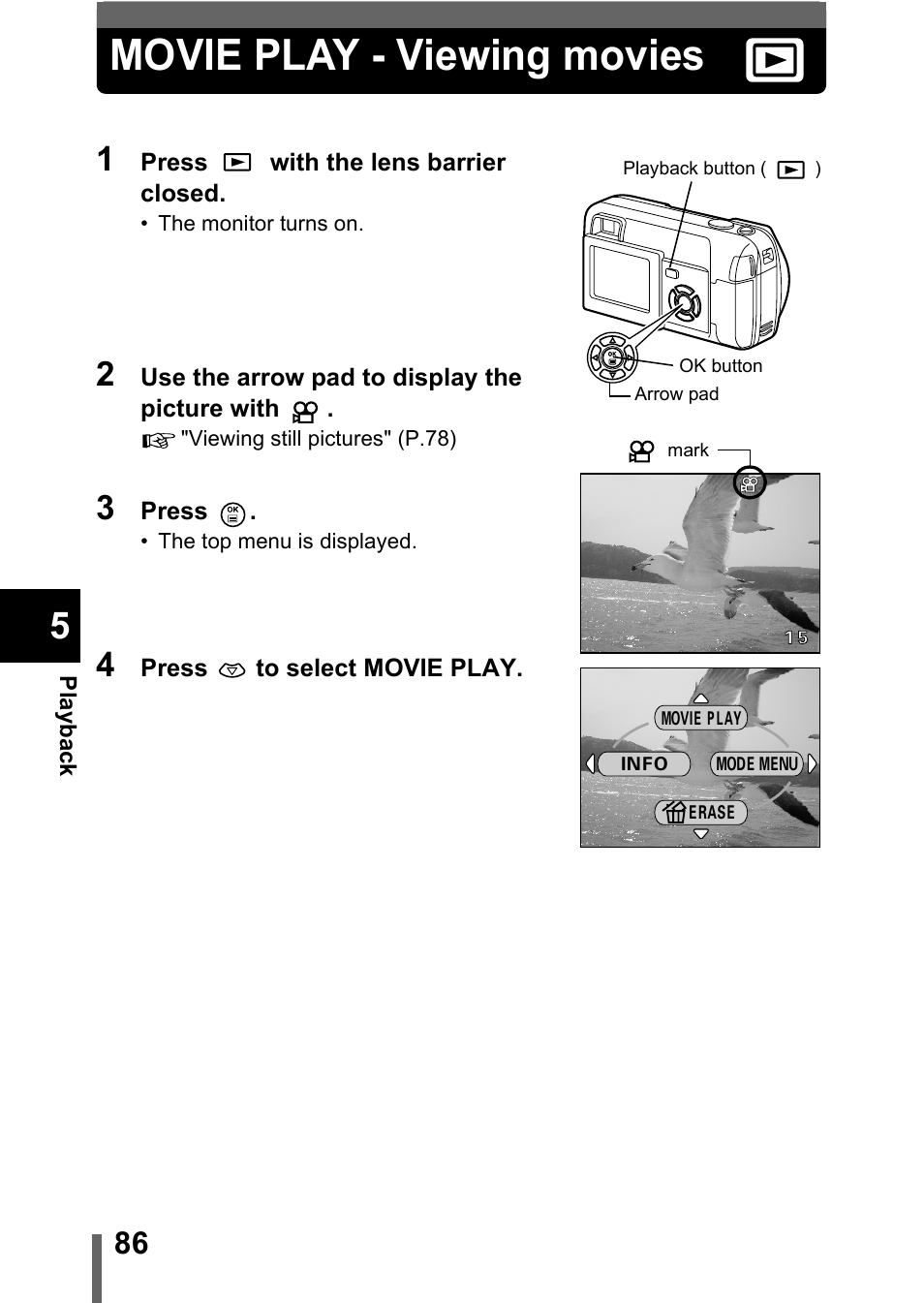 Movie play - viewing movies, P.86 | Olympus D-560 Zoom User Manual | Page 87 / 171