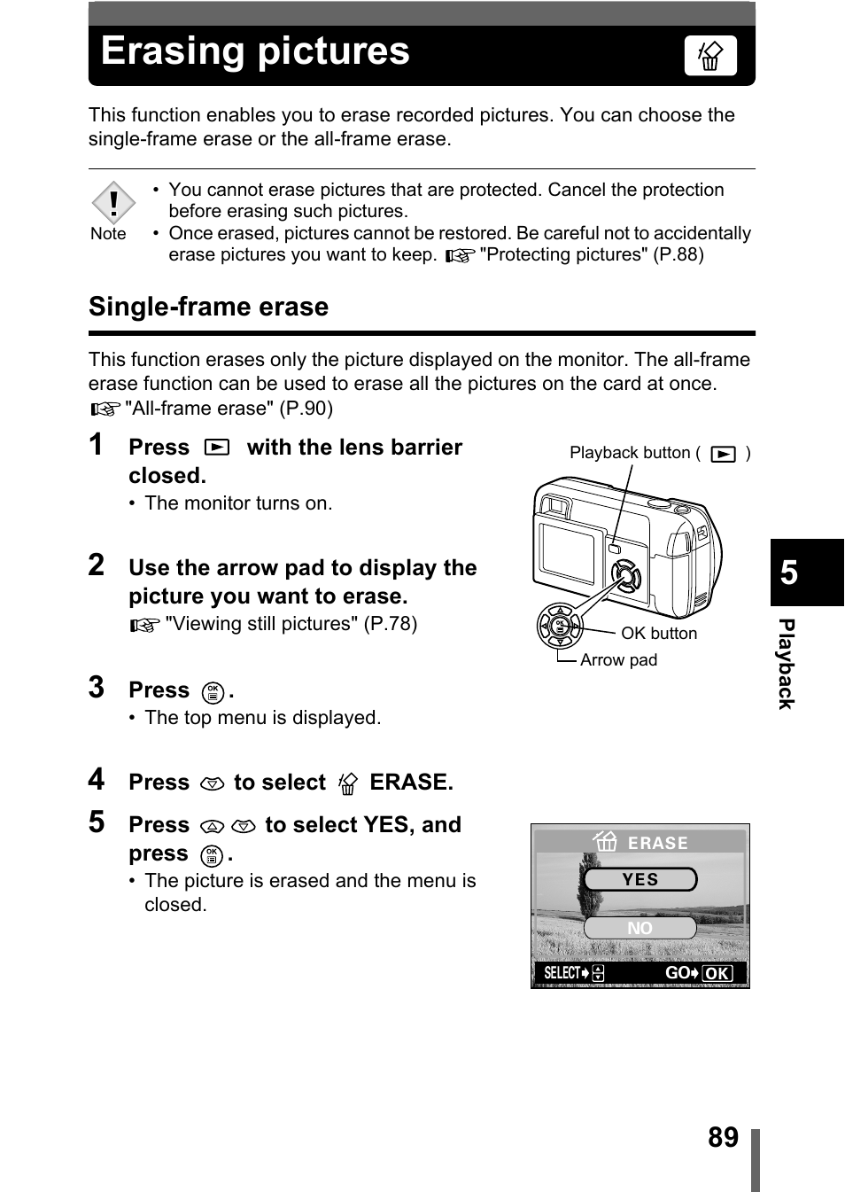 Erasing pictures, Single-frame erase, P.89 | Olympus D-560 Zoom User Manual | Page 90 / 171