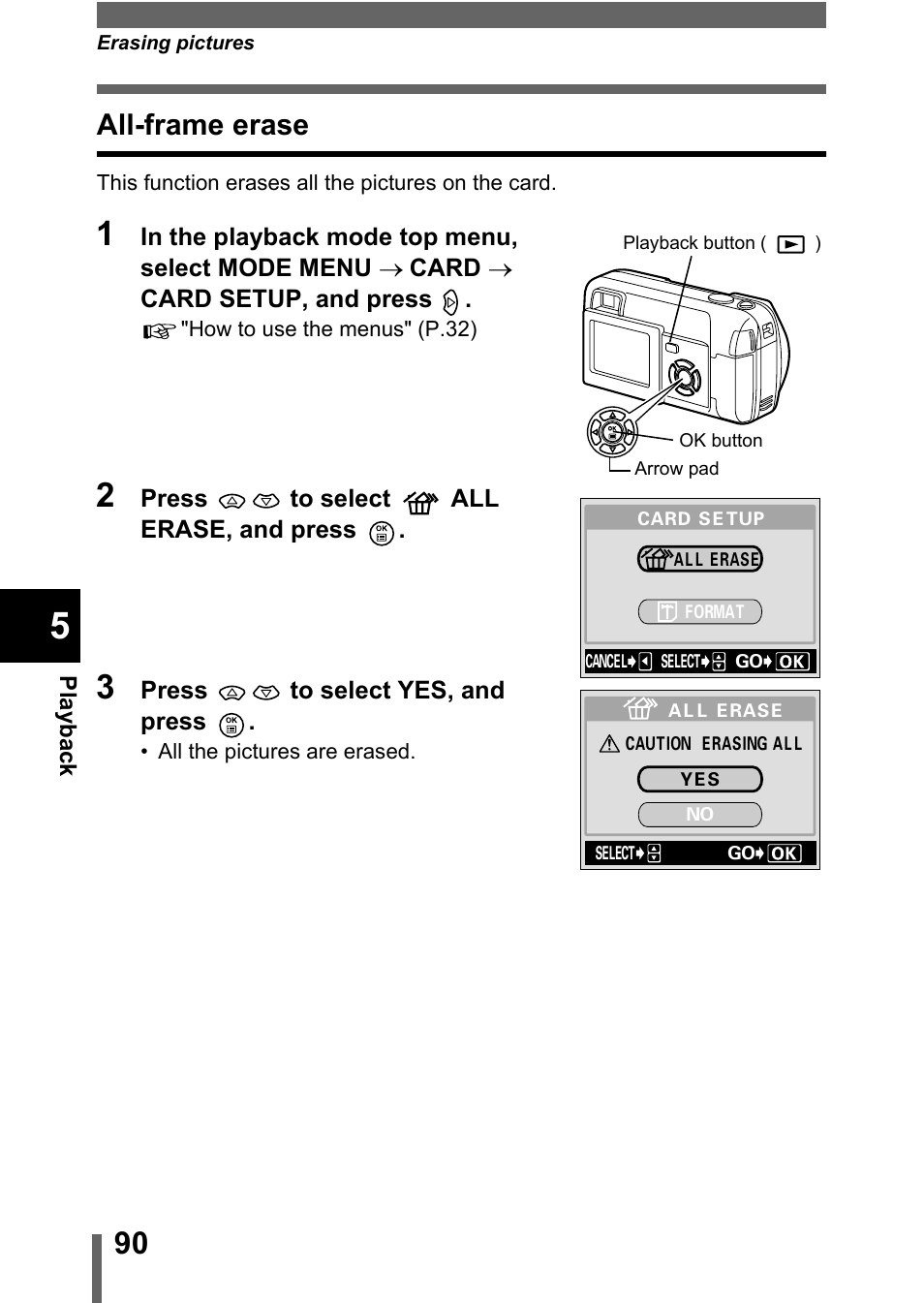 All-frame erase, P.90 | Olympus D-560 Zoom User Manual | Page 91 / 171