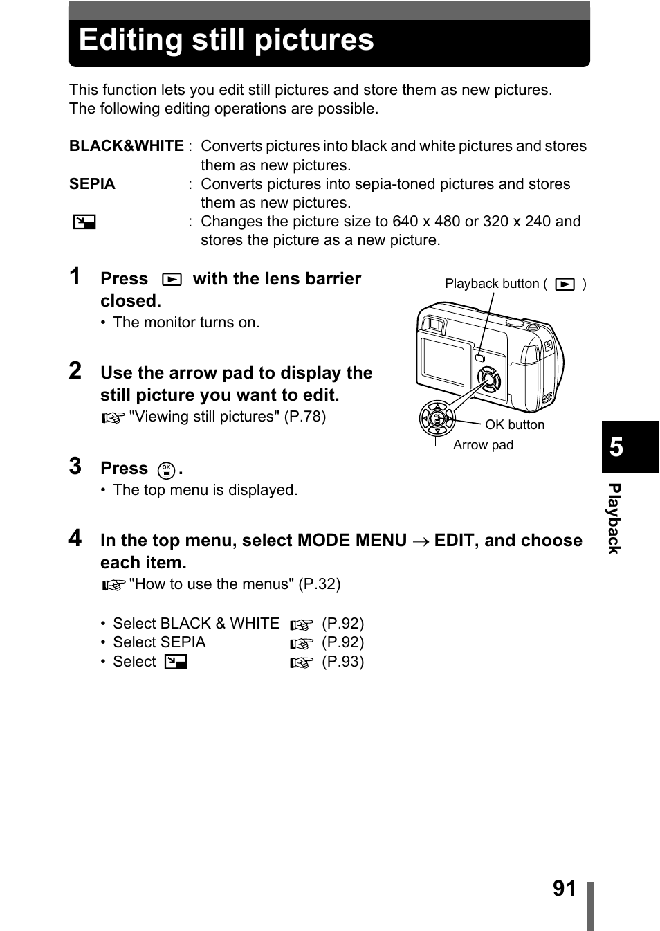 Editing still pictures | Olympus D-560 Zoom User Manual | Page 92 / 171