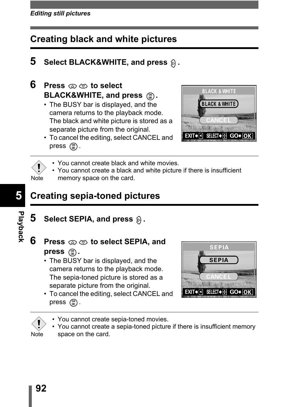 Creating black and white pictures, Creating sepia-toned pictures, P.92 | P.92) | Olympus D-560 Zoom User Manual | Page 93 / 171