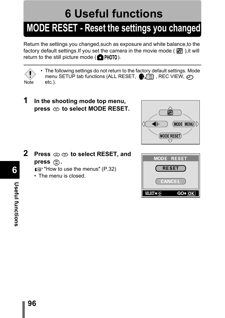 6 useful functions, Mode reset - reset the settings you changed, Useful functions | P.96 | Olympus D-560 Zoom User Manual | Page 97 / 171