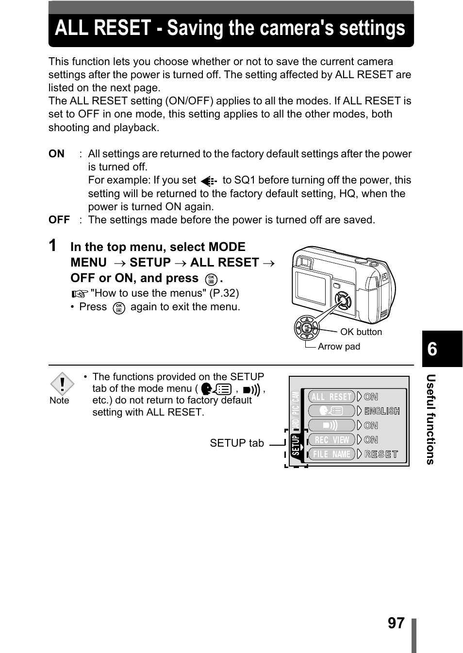 All reset - saving the camera's settings, P.97, P.97) | Note | Olympus D-560 Zoom User Manual | Page 98 / 171