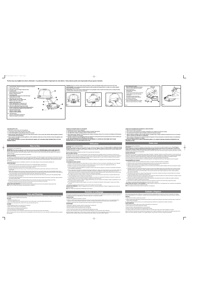 How to use care and cleaning, Utilisation entretien et nettoyage, Como usar cuidado y limpieza | Applica BONNET HBD-12A User Manual | Page 2 / 2