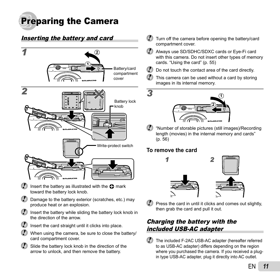 Preparing the camera, 11 en, Inserting the battery and card | Olympus VH-210 User Manual | Page 11 / 71