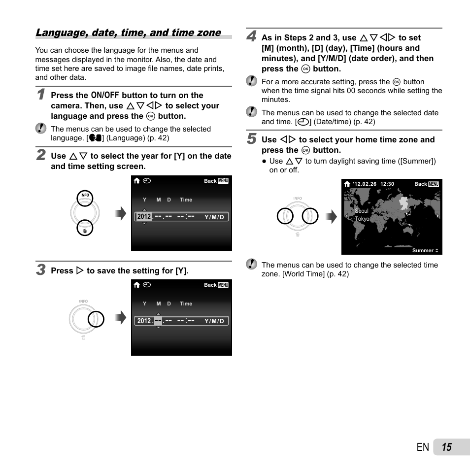 15 en, Language, date, time, and time zone | Olympus VH-210 User Manual | Page 15 / 71