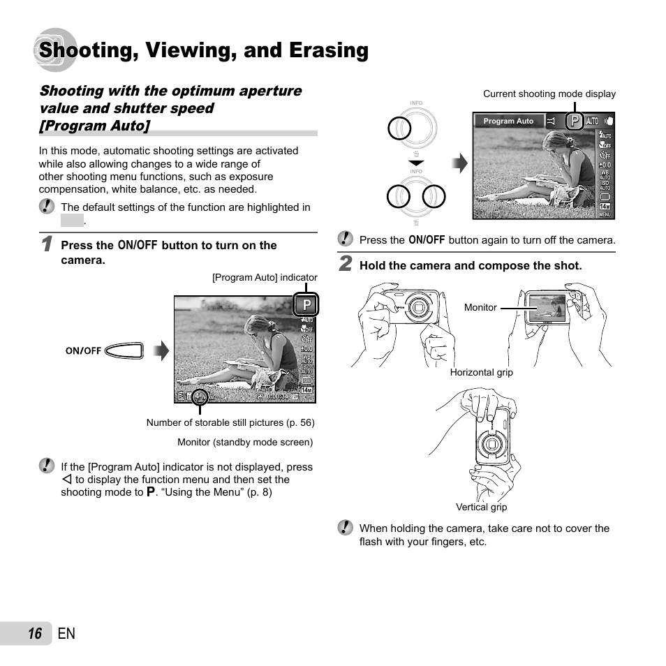 Shooting, viewing, and erasing, 16 en | Olympus VH-210 User Manual | Page 16 / 71