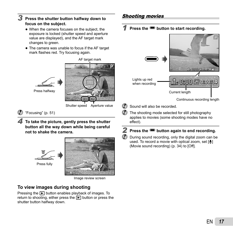 17 en, Shooting movies | Olympus VH-210 User Manual | Page 17 / 71