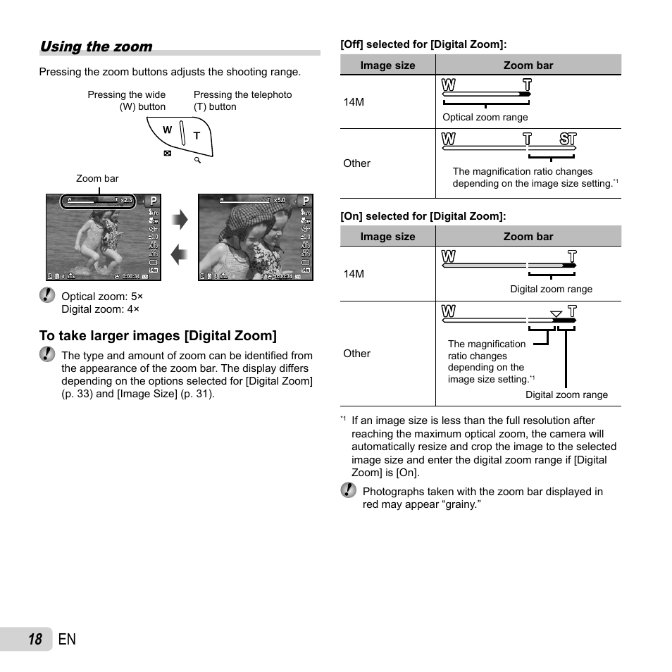 18 en, Using the zoom, Optical zoom: 5× digital zoom: 4 | Other | Olympus VH-210 User Manual | Page 18 / 71