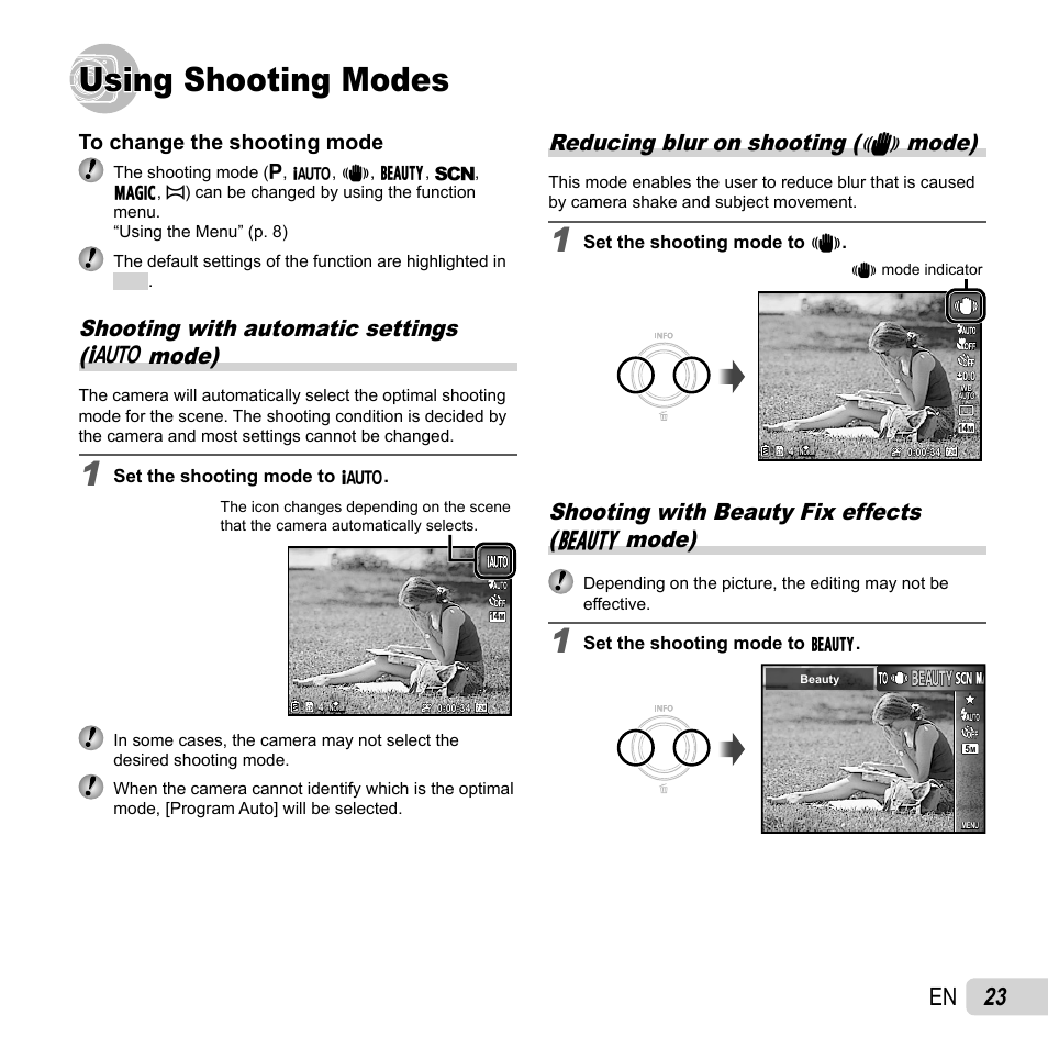 Using shooting modes, 23 en, Shooting with automatic settings ( m mode) | Reducing blur on shooting ( n mode), Shooting with beauty fix effects ( q mode) | Olympus VH-210 User Manual | Page 23 / 71