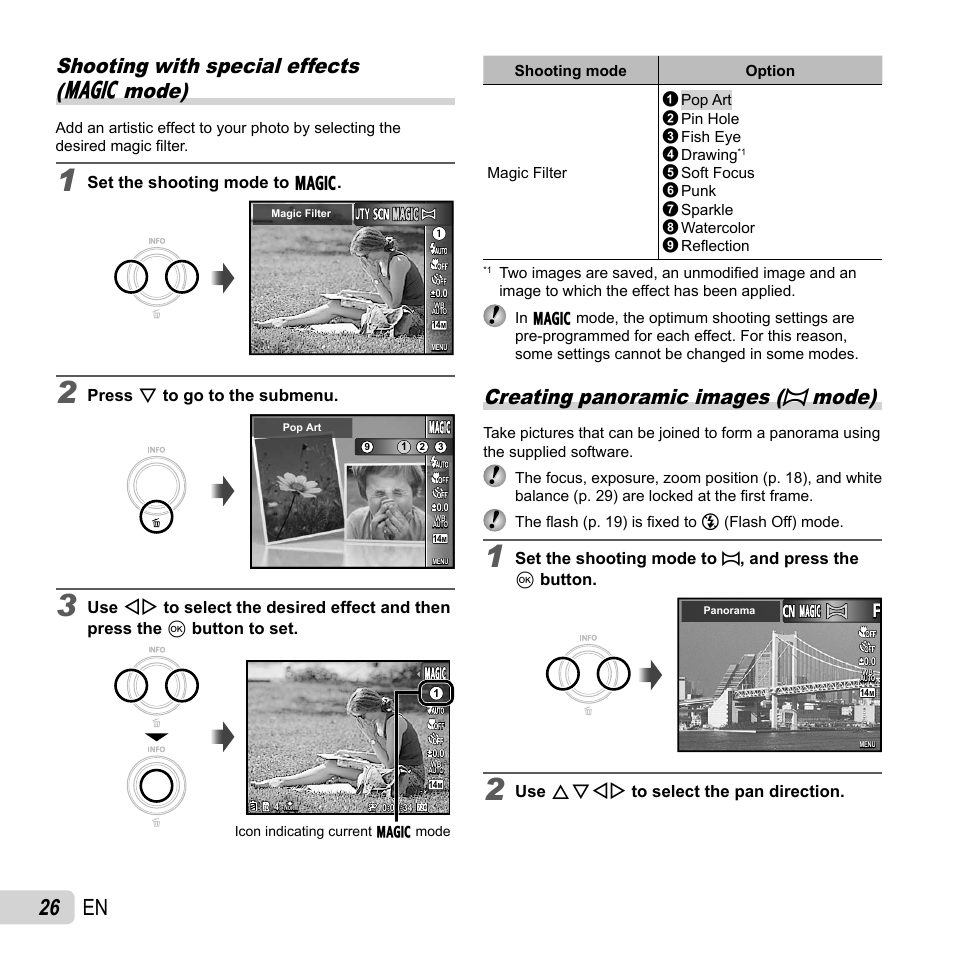 26 en, Creating panoramic images ( ~ mode), Shooting with special effects ( p mode) | Olympus VH-210 User Manual | Page 26 / 71
