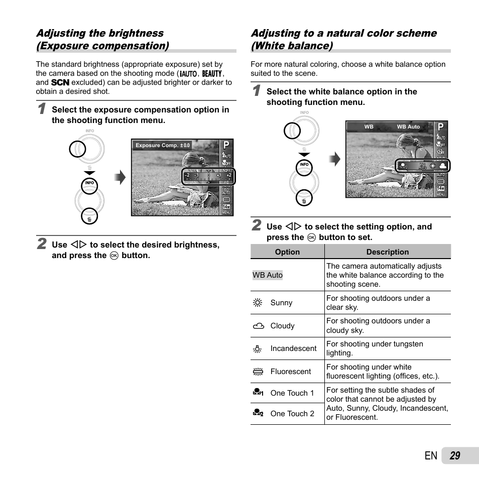 29 en, Adjusting the brightness (exposure compensation) | Olympus VH-210 User Manual | Page 29 / 71