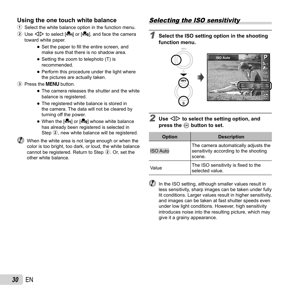 30 en, Selecting the iso sensitivity, Using the one touch white balance | Olympus VH-210 User Manual | Page 30 / 71