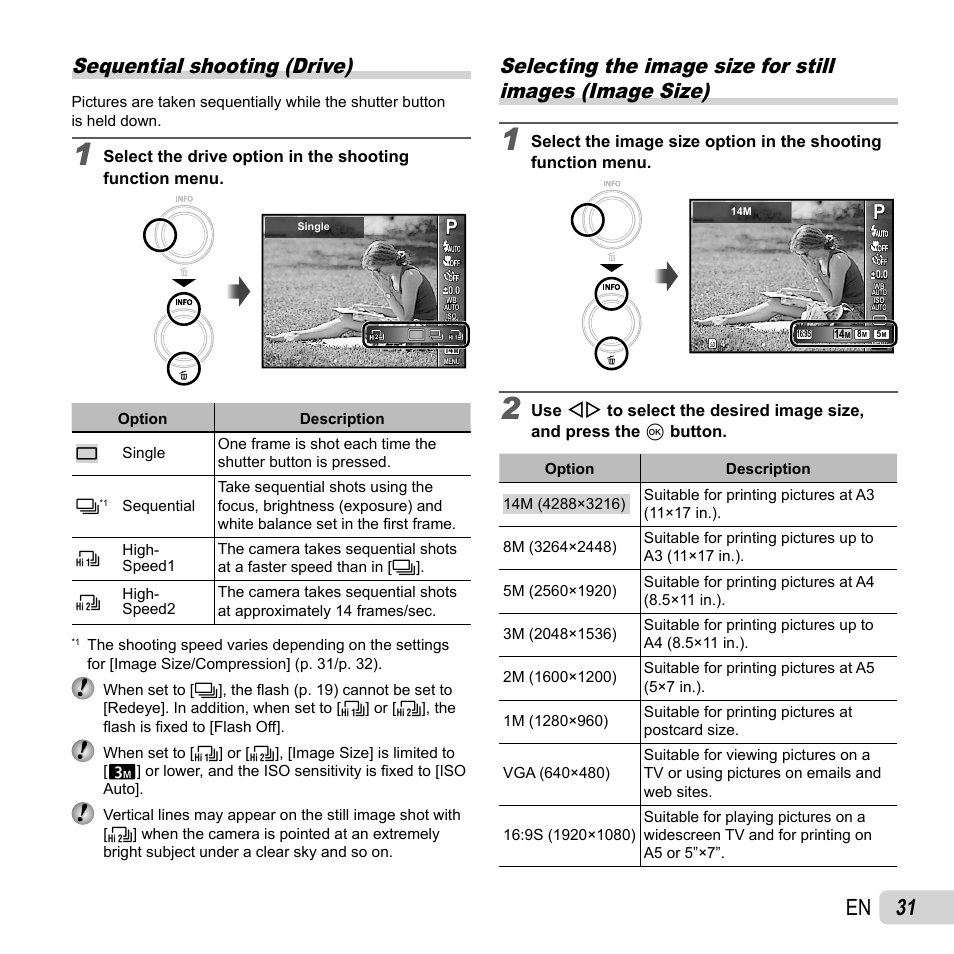 31 en, Sequential shooting (drive) | Olympus VH-210 User Manual | Page 31 / 71
