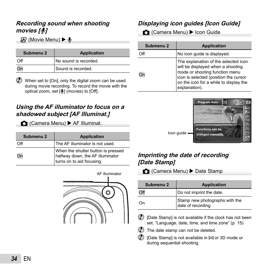 34 en, Displaying icon guides [icon guide | Olympus VH-210 User Manual | Page 34 / 71