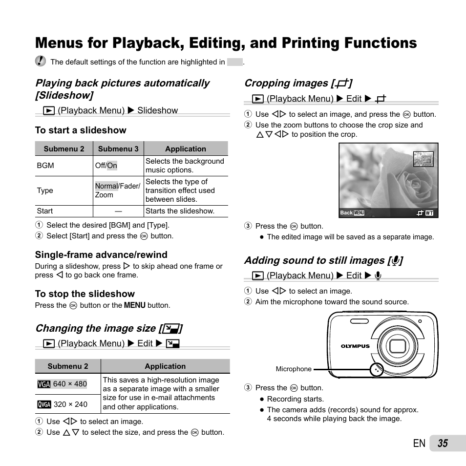 35 en, Changing the image size, Changing the image size [ q q | Cropping images, Cropping images [ p p | Olympus VH-210 User Manual | Page 35 / 71