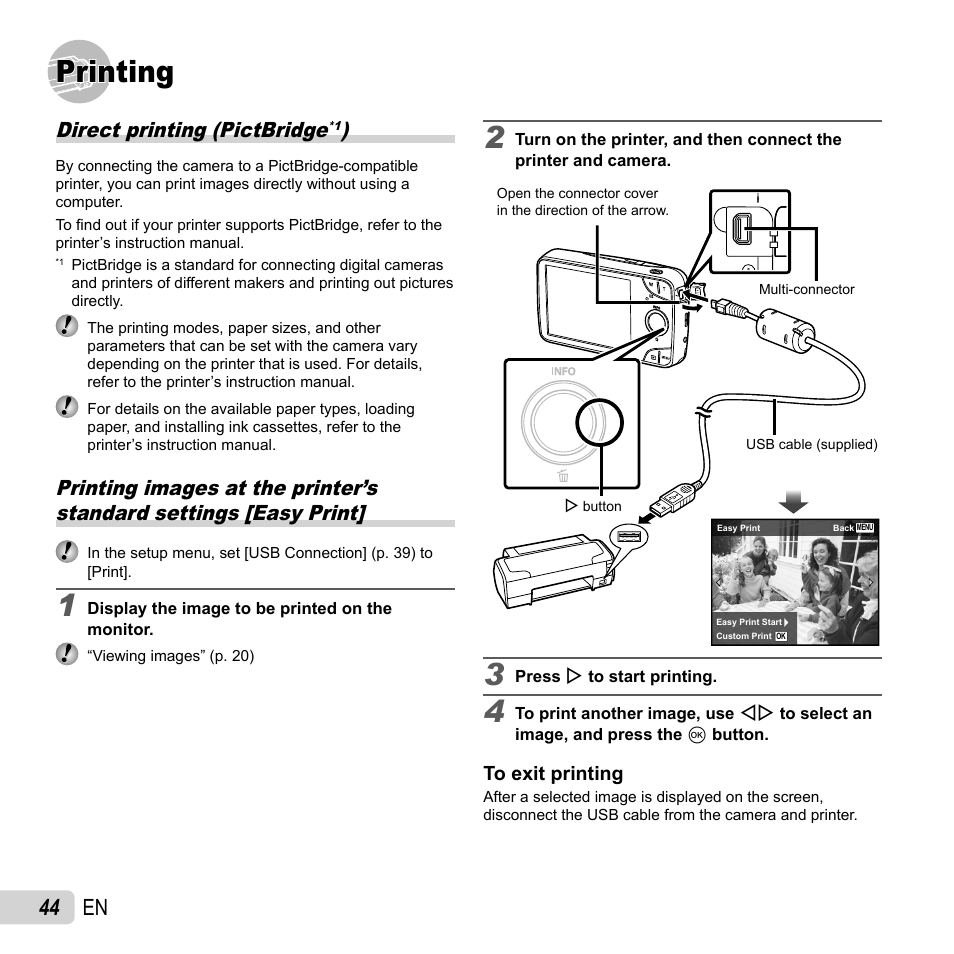 Printing, 44 en, Direct printing (pictbridge | Olympus VH-210 User Manual | Page 44 / 71