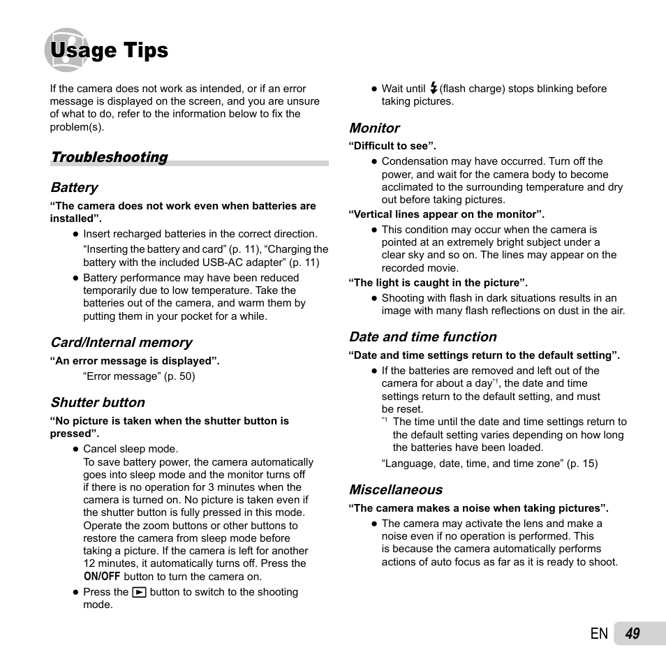 Usage tips, 49 en, Troubleshooting | Olympus VH-210 User Manual | Page 49 / 71