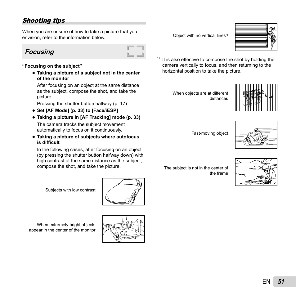 51 en, Shooting tips, Focusing | Olympus VH-210 User Manual | Page 51 / 71