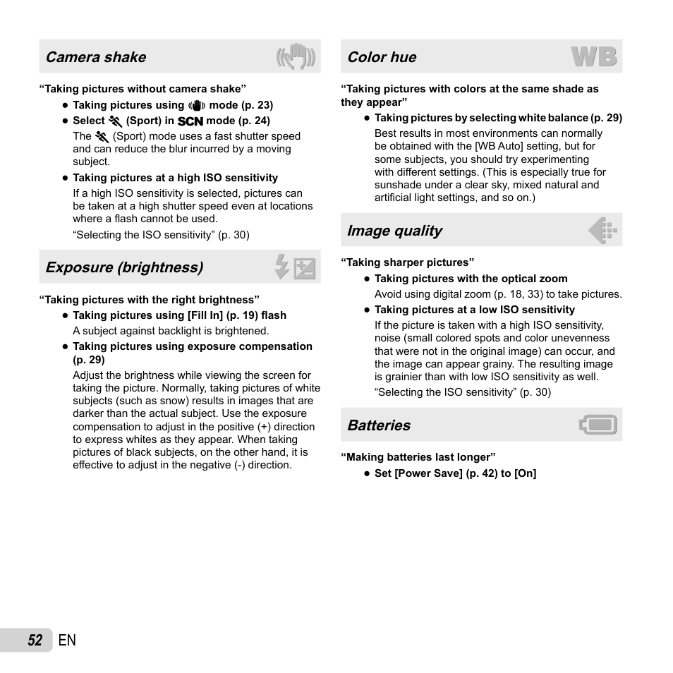 52 en, Camera shake, Exposure (brightness) | Color hue, Image quality, Batteries | Olympus VH-210 User Manual | Page 52 / 71