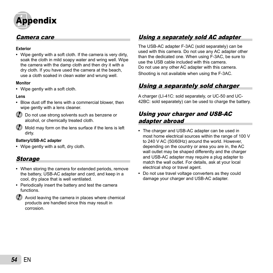 Appendix, 54 en, Camera care | Storage, Using a separately sold ac adapter, Using a separately sold charger, Using your charger and usb-ac adapter abroad | Olympus VH-210 User Manual | Page 54 / 71