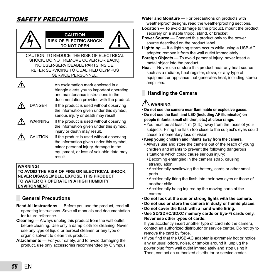 58 en, Safety precautions | Olympus VH-210 User Manual | Page 58 / 71