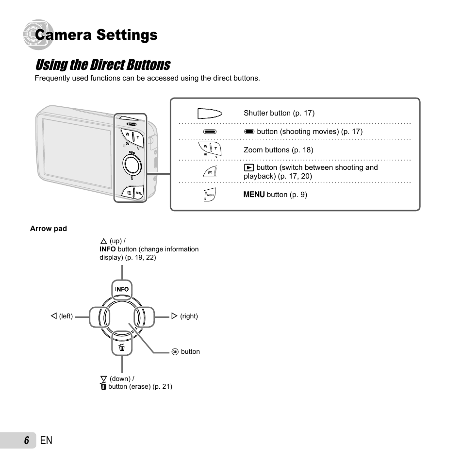 Camera settings, Using the direct buttons, 6 en | Olympus VH-210 User Manual | Page 6 / 71