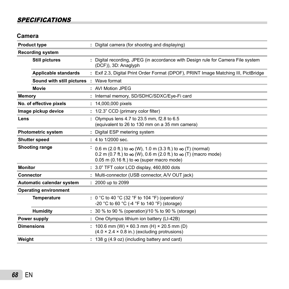 68 en, Specifications, Camera | Olympus VH-210 User Manual | Page 68 / 71
