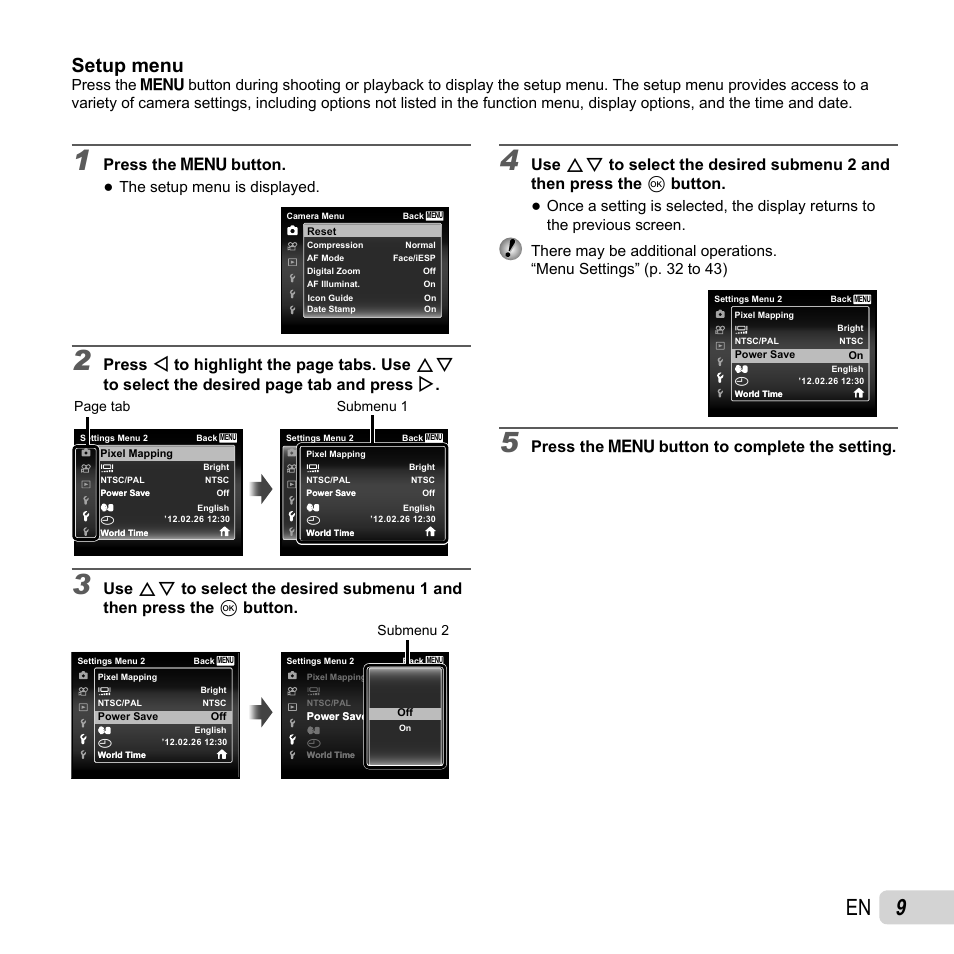 Setup menu, Press the  button, Press the  button to complete the setting | The setup menu is displayed | Olympus VH-210 User Manual | Page 9 / 71