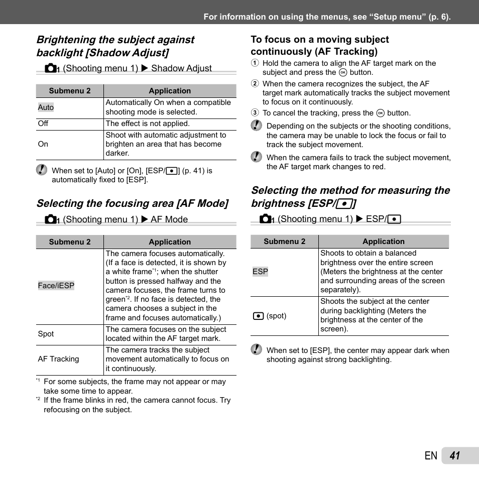 41 en, Selecting the focusing area [af mode | Olympus Tough TG-310 User Manual | Page 41 / 83