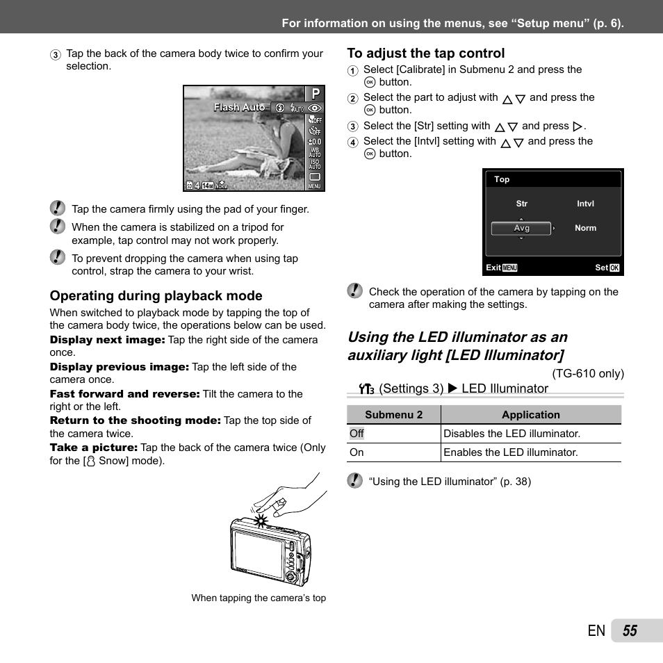 55 en, Operating during playback mode, T (settings 3) x led illuminator | Olympus Tough TG-310 User Manual | Page 55 / 83