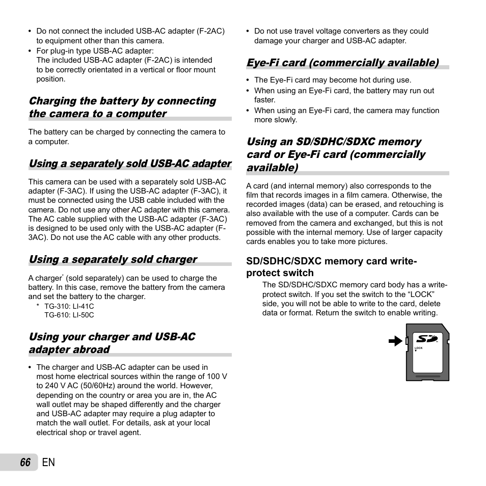 66 en, Using a separately sold usb-ac adapter, Using a separately sold charger | Using your charger and usb-ac adapter abroad, Eye-fi card (commercially available) | Olympus Tough TG-310 User Manual | Page 66 / 83