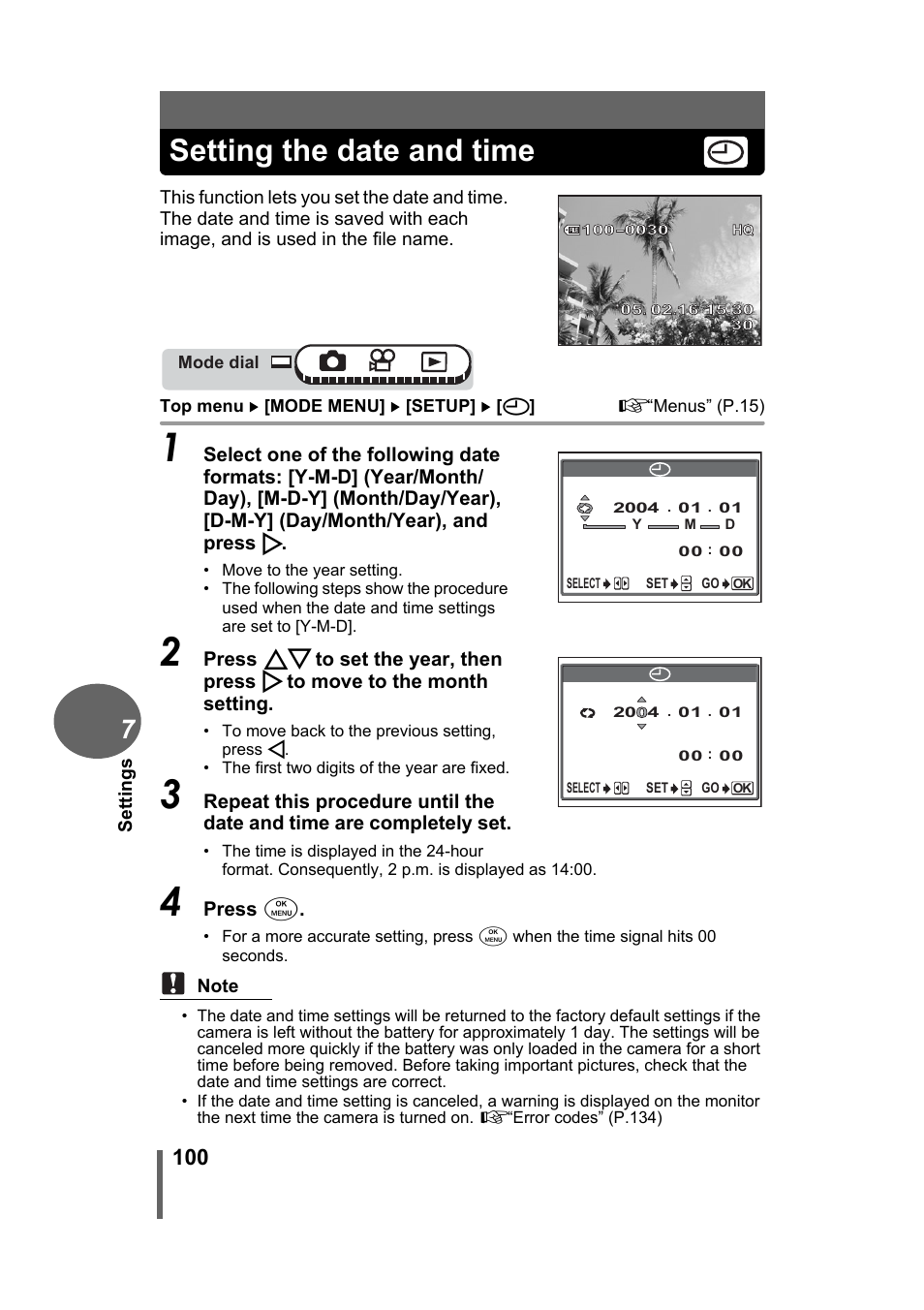 Setting the date and time | Olympus Stylus 500 Digital User Manual | Page 100 / 170