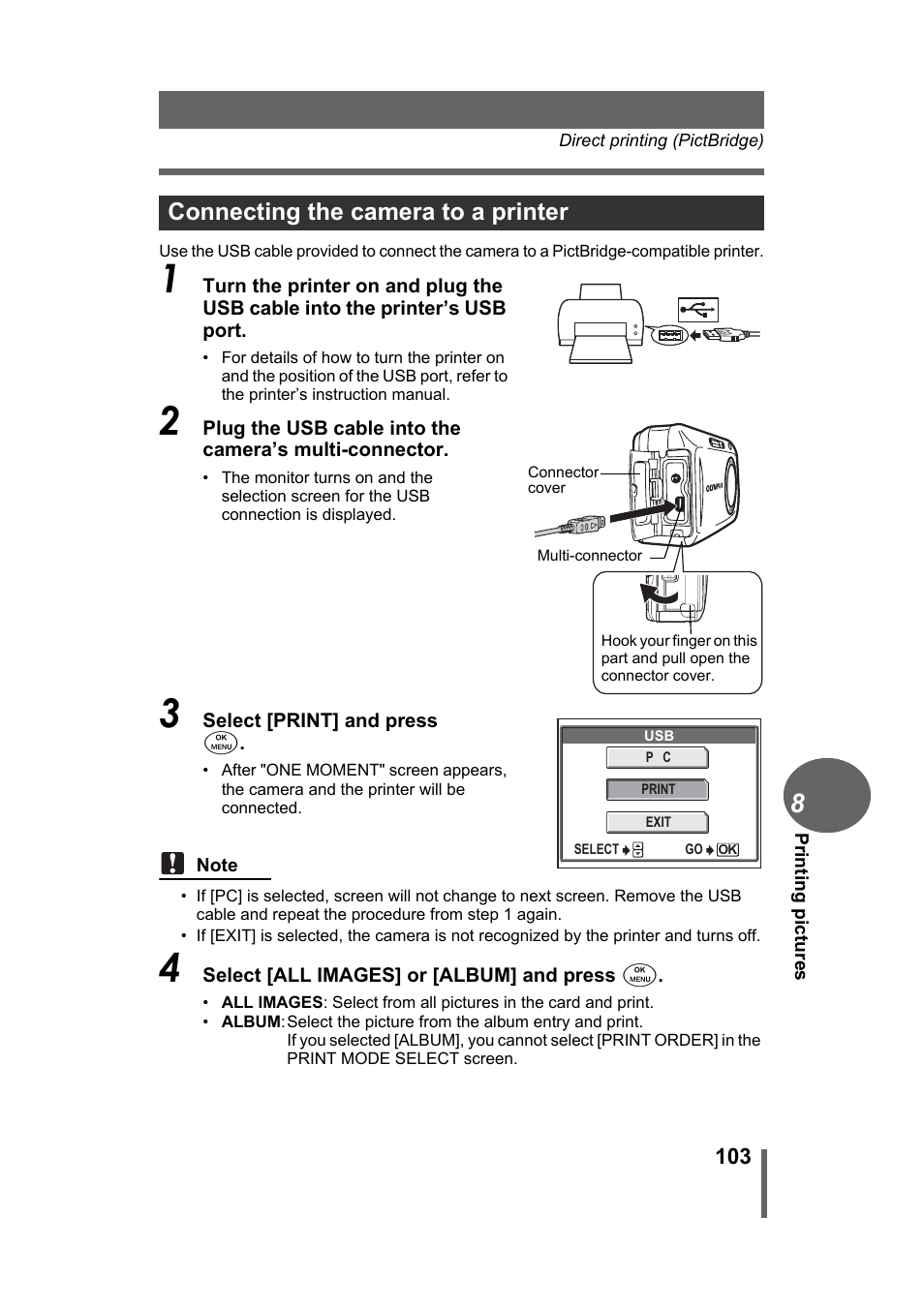 Connecting the camera to a printer | Olympus Stylus 500 Digital User Manual | Page 103 / 170