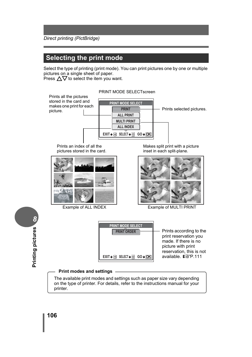 Selecting the print mode | Olympus Stylus 500 Digital User Manual | Page 106 / 170