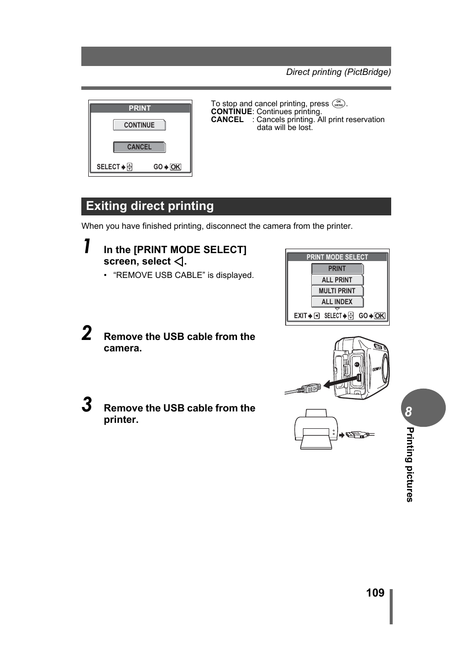 Exiting direct printing | Olympus Stylus 500 Digital User Manual | Page 109 / 170