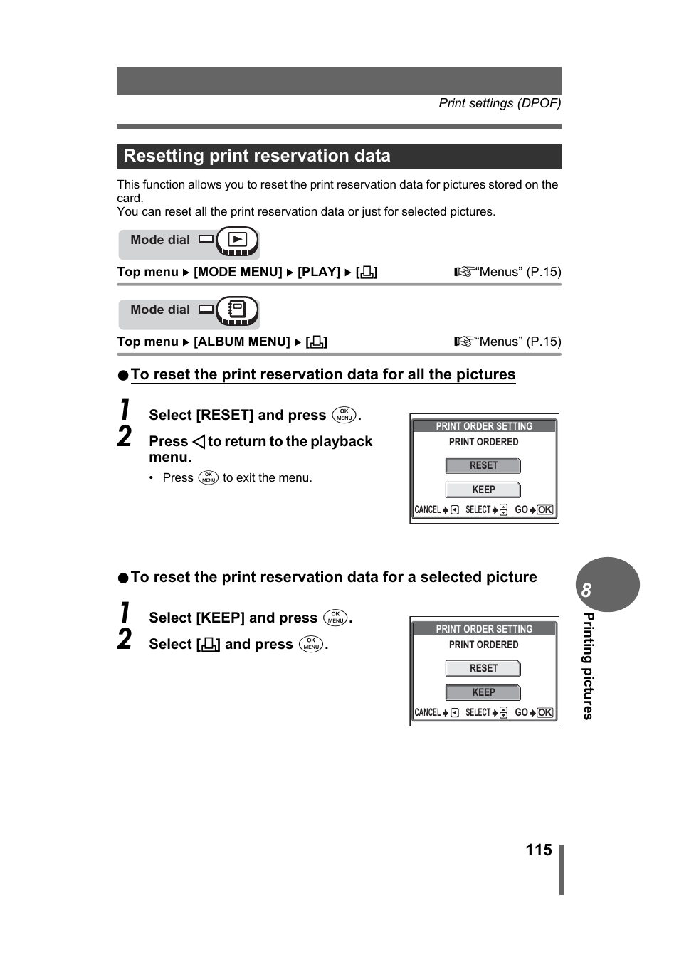 Resetting print reservation data | Olympus Stylus 500 Digital User Manual | Page 115 / 170