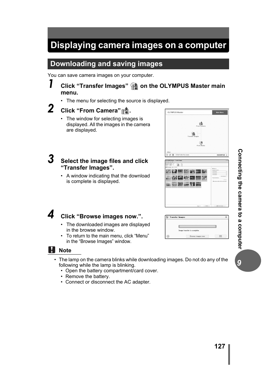 Displaying camera images on a computer, Downloading and saving images, P.127 | Olympus Stylus 500 Digital User Manual | Page 127 / 170