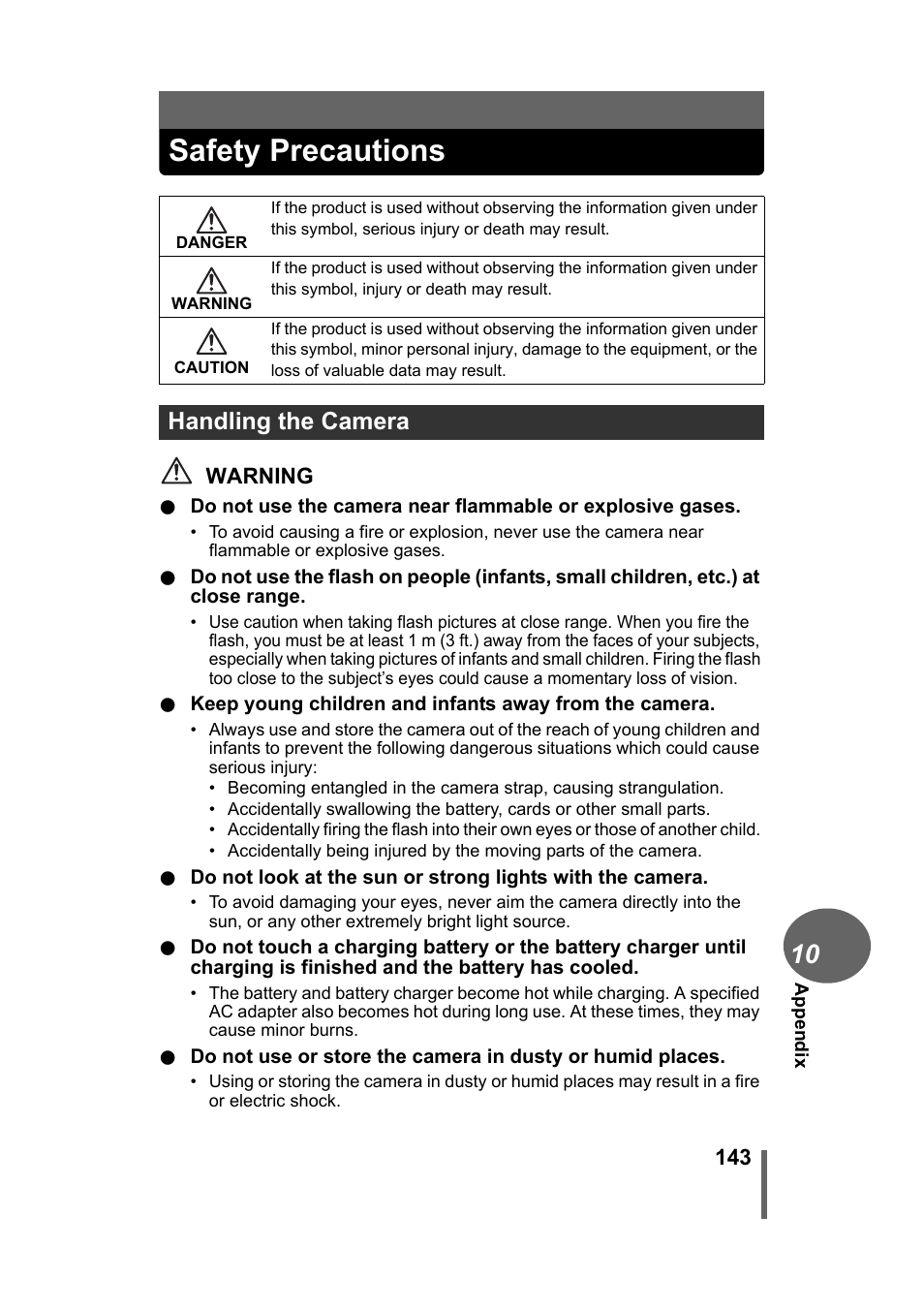 Safety precautions, Handling the camera | Olympus Stylus 500 Digital User Manual | Page 143 / 170
