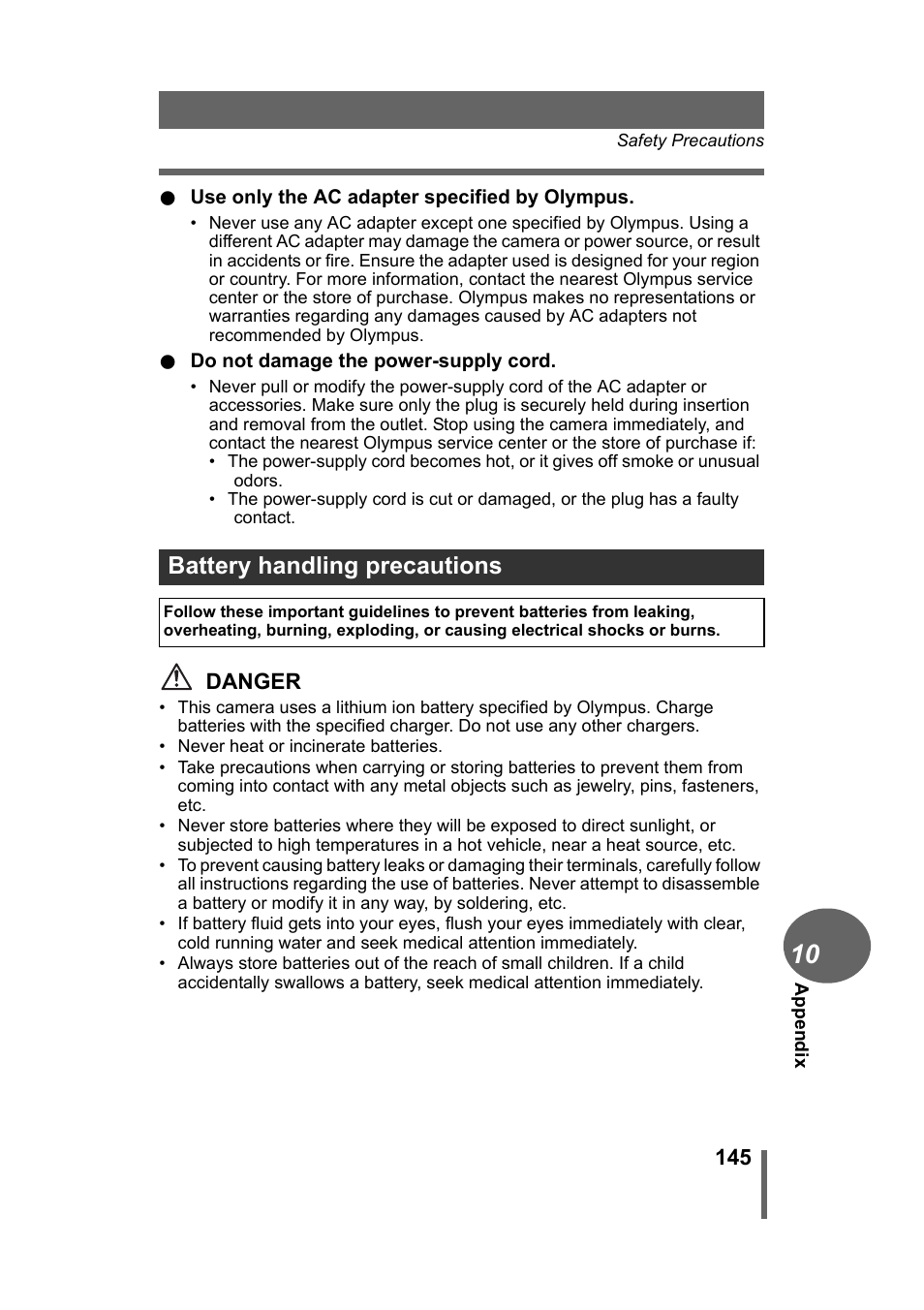 Battery handling precautions, Danger | Olympus Stylus 500 Digital User Manual | Page 145 / 170