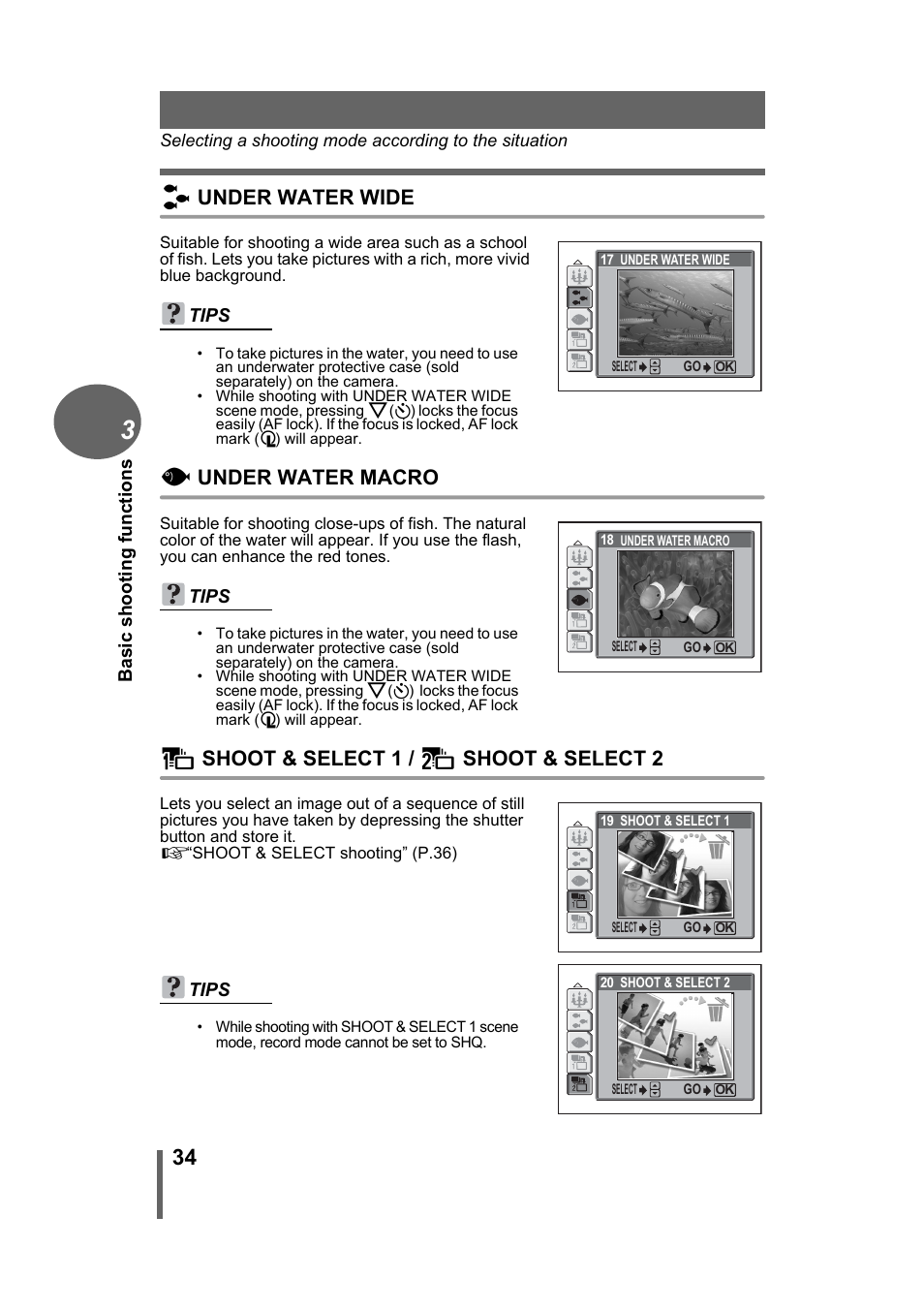 Under water wide, Under water macro, Shoot & select 1 | Shoot & select 2 | Olympus Stylus 500 Digital User Manual | Page 34 / 170