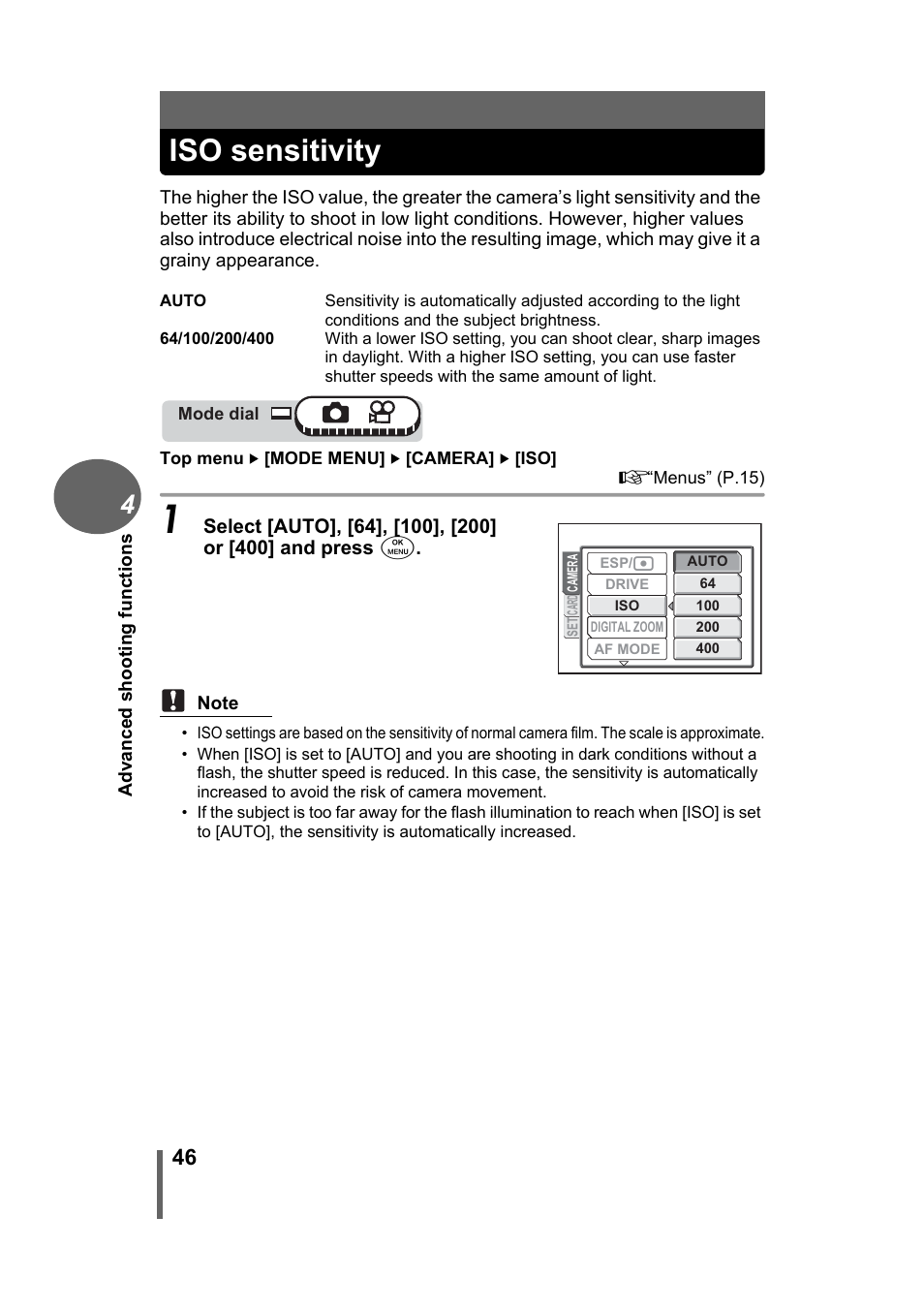 Iso sensitivity | Olympus Stylus 500 Digital User Manual | Page 46 / 170