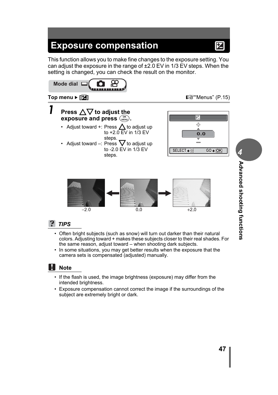 Exposure compensation, Gp.47 | Olympus Stylus 500 Digital User Manual | Page 47 / 170